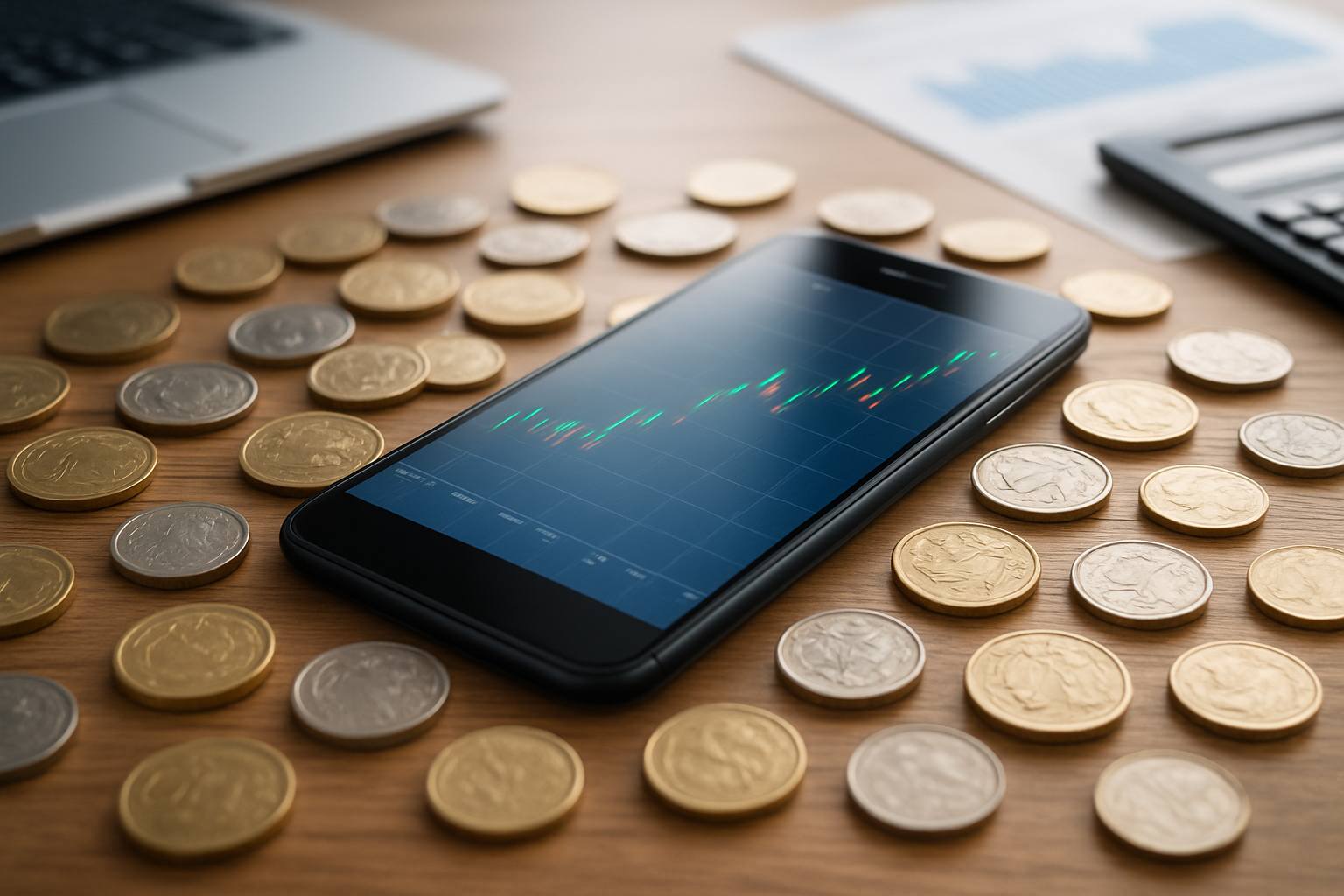 A smartphone displaying a financial chart surrounded by various coins on a wooden surface