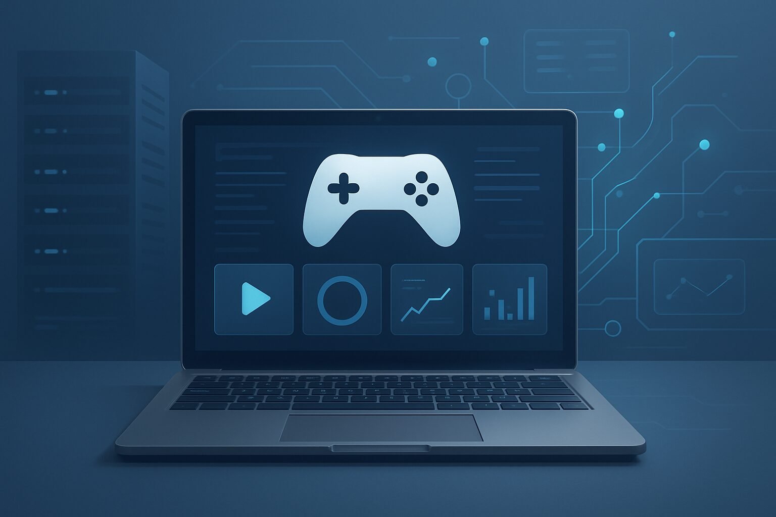 A laptop displaying a gaming controller icon with digital interface elements in the background, representing future tech